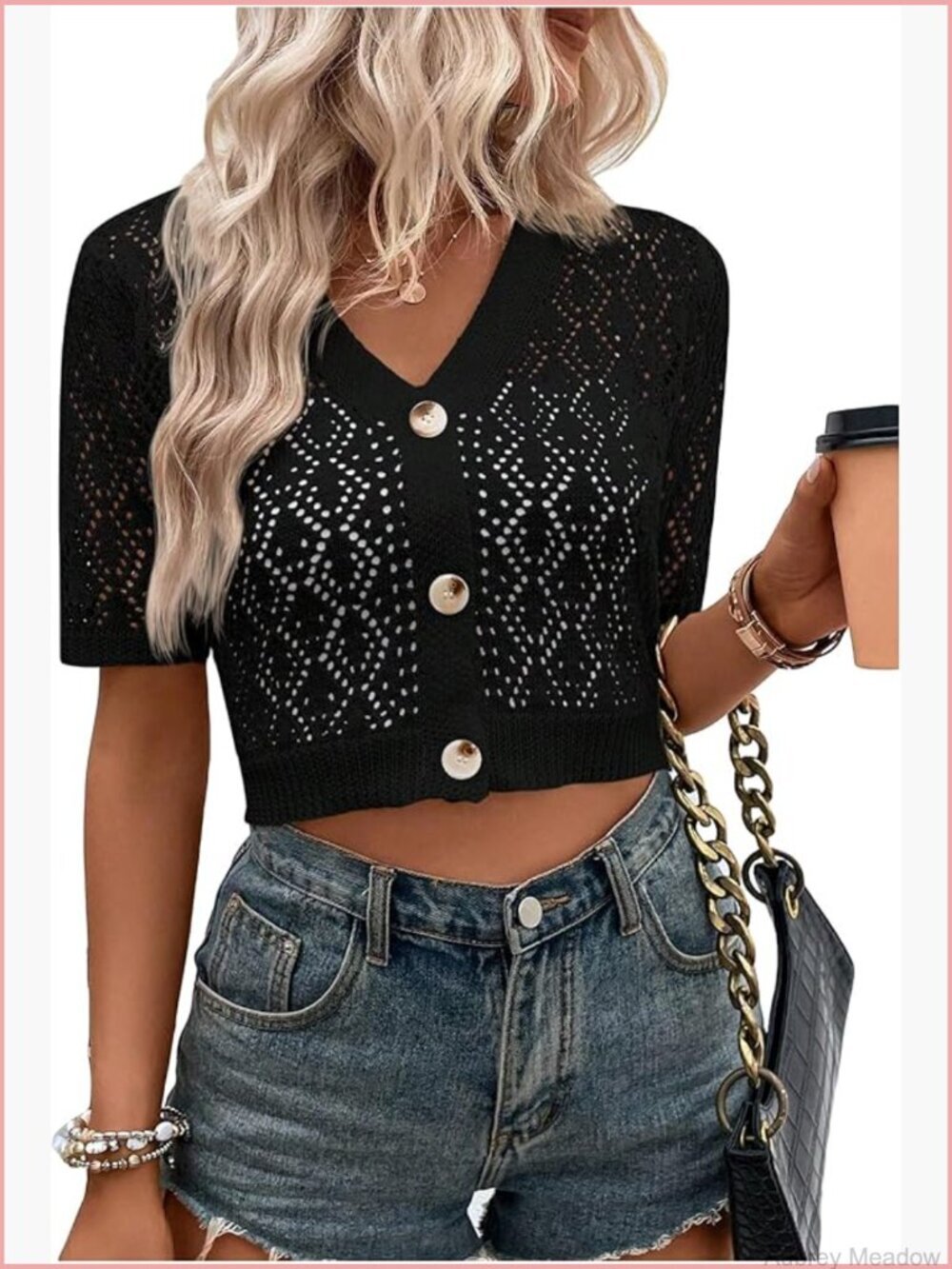 Crochet Short Sleeve Button Down Cardigan Lightweight Summer Sweater